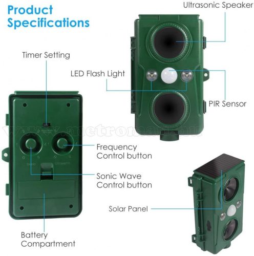 Ultrahangos és nyomás hullám napelemes Multi Frekvenciás kisállat riasztó MH-506-PRO Solar