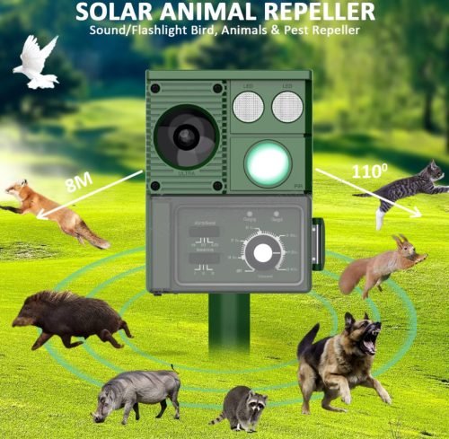 Napelemes akusztikus és ultrahangos állatriasztó, Nyest Kutya Macska Vad és Madár riasztó MH-588-PRO Solar