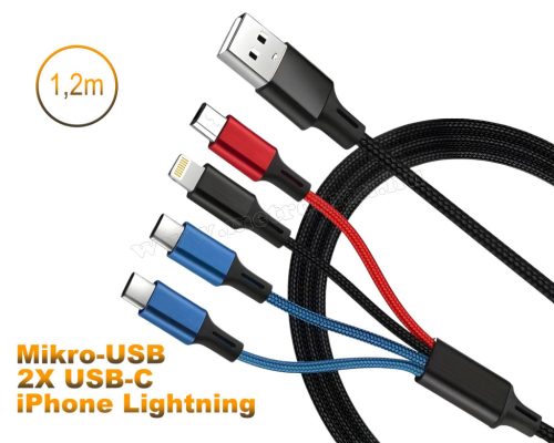 4 az 1-ben Micro-USB USB-C X2 és iPhone Lightning telefon töltőkábel MKK25