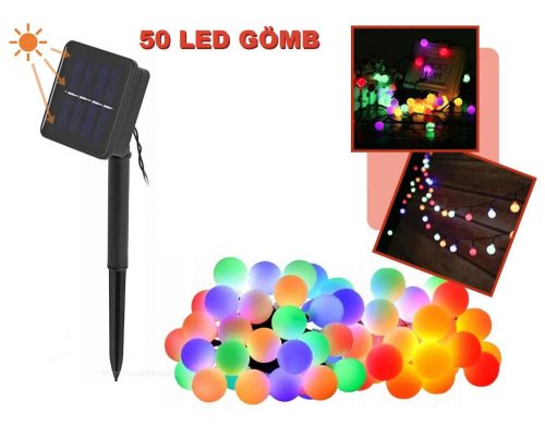 Kültéri napelemes fényfüzér, gömb kerti LED hangulat világítás MLED50-SOLAR-RGB Színes 
