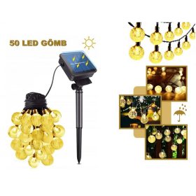   Kültéri napelemes LED fényfüzér, kerti hangulat világítás, karácsonyi LED égősor, Meleg Fehér MLED50-SOLAR-WW 