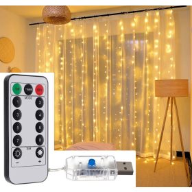   Karácsonyi LED fényfüggöny USB tápcsatlakozású 300 LED 3x3 méter MM7216USB Meleg Fehér