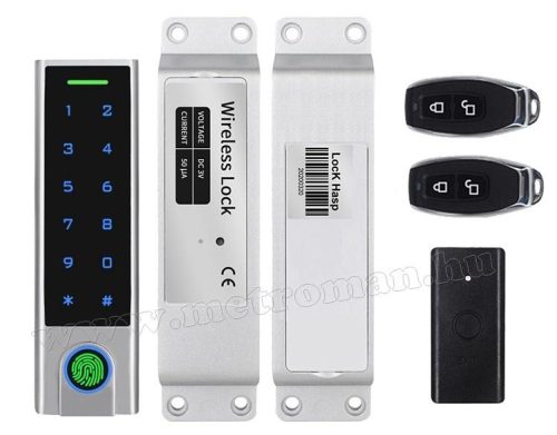 Vezeték nélküli Kódos Kártyás és Ujjlenyomat olvasós beléptető szett mágneszárral, távirányítóval MMA95W-RFID