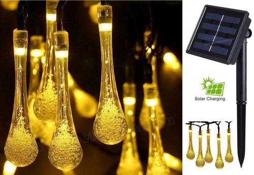 Kültéri napelemes LED fényfüzér, kerti fényfüzér és hangulat világítás,  MLED100EMF Melegfehér Esőcsepp