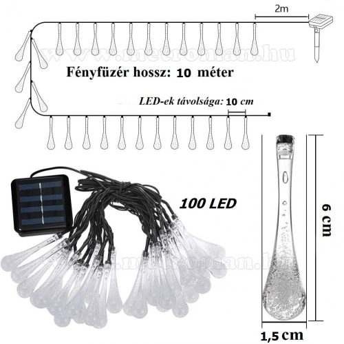 Kültéri napelemes LED fényfüzér, kerti fényfüzér és hangulat világítás,  MLED100EMF Melegfehér Esőcsepp