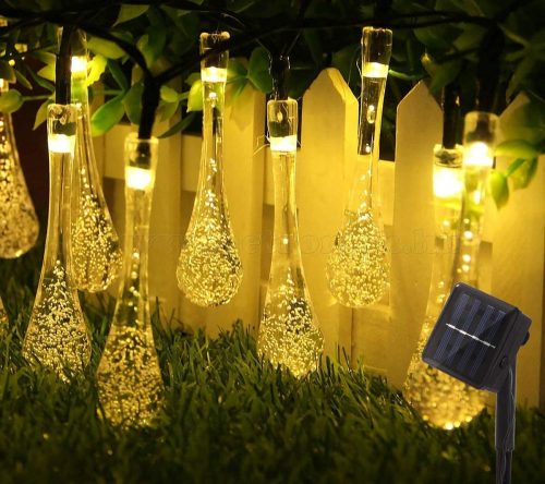 Kültéri napelemes LED fényfüzér, kerti fényfüzér és hangulat világítás,  NLED30EMF Melegfehér Esőcsepp