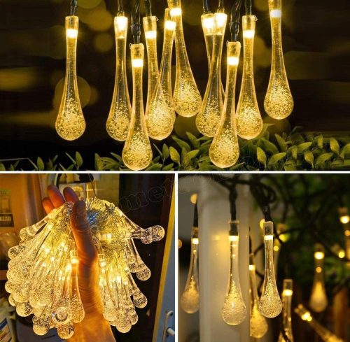 Kültéri napelemes LED fényfüzér, kerti fényfüzér és hangulat világítás,  NLED30EMF Melegfehér Esőcsepp