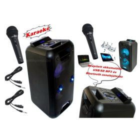   Hordozható USB SD MP3 Bluetooth zenelejátszó Karaoke szett két mikrofonnal PAR220BT-PRM-205