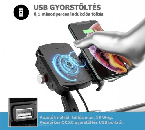 Kormányra szerelhető motoros telefontartó és vezeték nélküli telefon töltő MRP5914