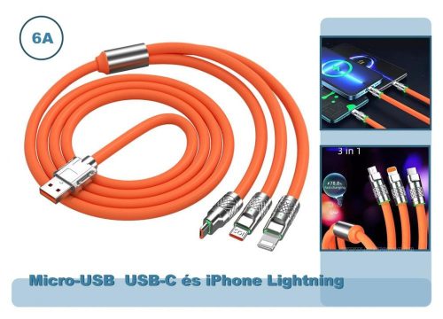 Univerzális Micro-USB  USB-C és iPhone Lightning telefon töltőkábel 3IN1-120W
