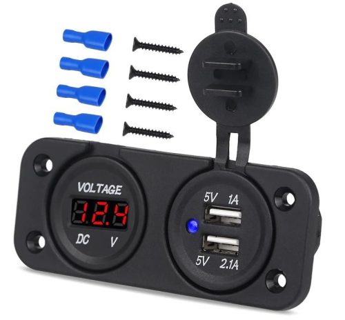 Autós beépíthető vízmentes USB töltő aljzat voltmérővel MS37B-2XUSD