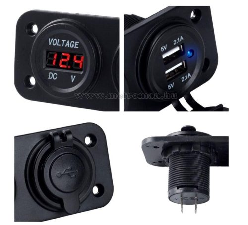 Autós beépíthető vízmentes USB töltő aljzat voltmérővel MS37B-2XUSD