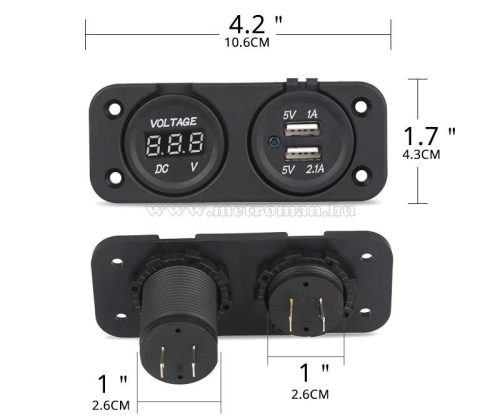 Autós beépíthető vízmentes USB töltő aljzat voltmérővel MS37B-2XUSD