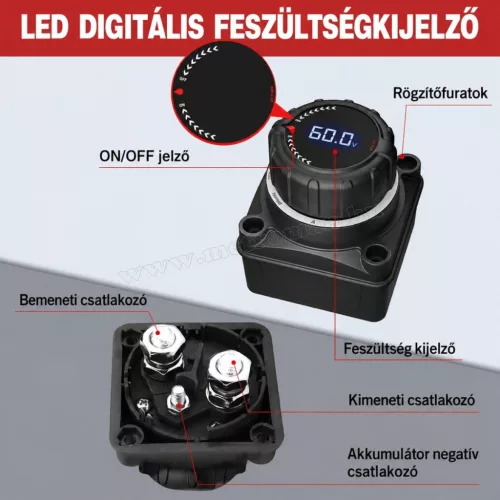 Digitális áramtalanító kapcsoló voltmérővel 5-60 Volt 250Amper MDS-611