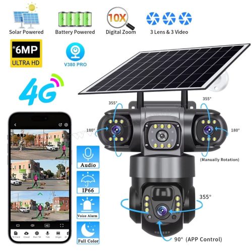 Napelemes 4G IP kamera, mobilnetes SIM kártyás kültéri biztonsági kamera MTS28-4G-EU-PTZ-SOLAR TRI-CAM V380PRO