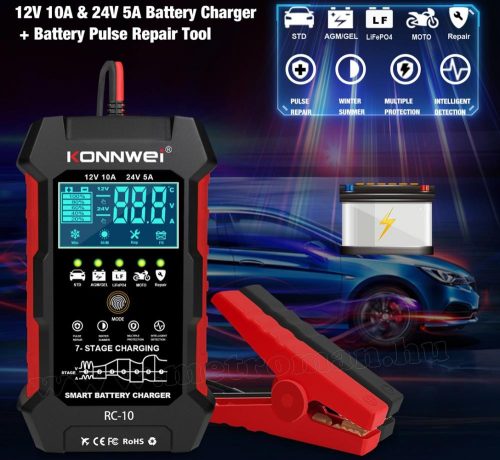 Automata Intelligens akkumulátor töltő, csepptöltő és regeneráló Konnwei RC-10 12V/24V