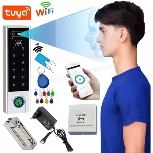 Komplett Arcfelismerő ujjlenyomat olvasós kódos kártyás beléptető mágneszárral TuyaSmart WIFI távirányítással RFID-MF3-WIFI-PRO-FPV-EX8