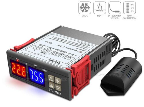 Univerzális termosztát és páratartalom érzékelő és kapcsoló fűtéshez és hűtéshez szellőztetéshez STC-3028 230V
